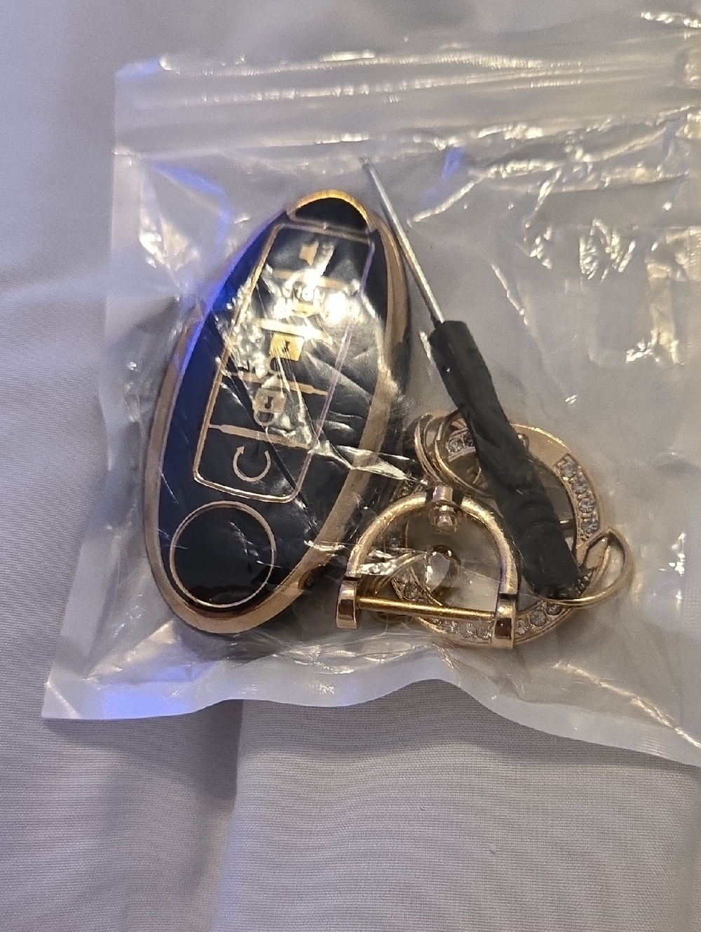 Black and Gold Car Key Fob with Crystal Accent Keychain